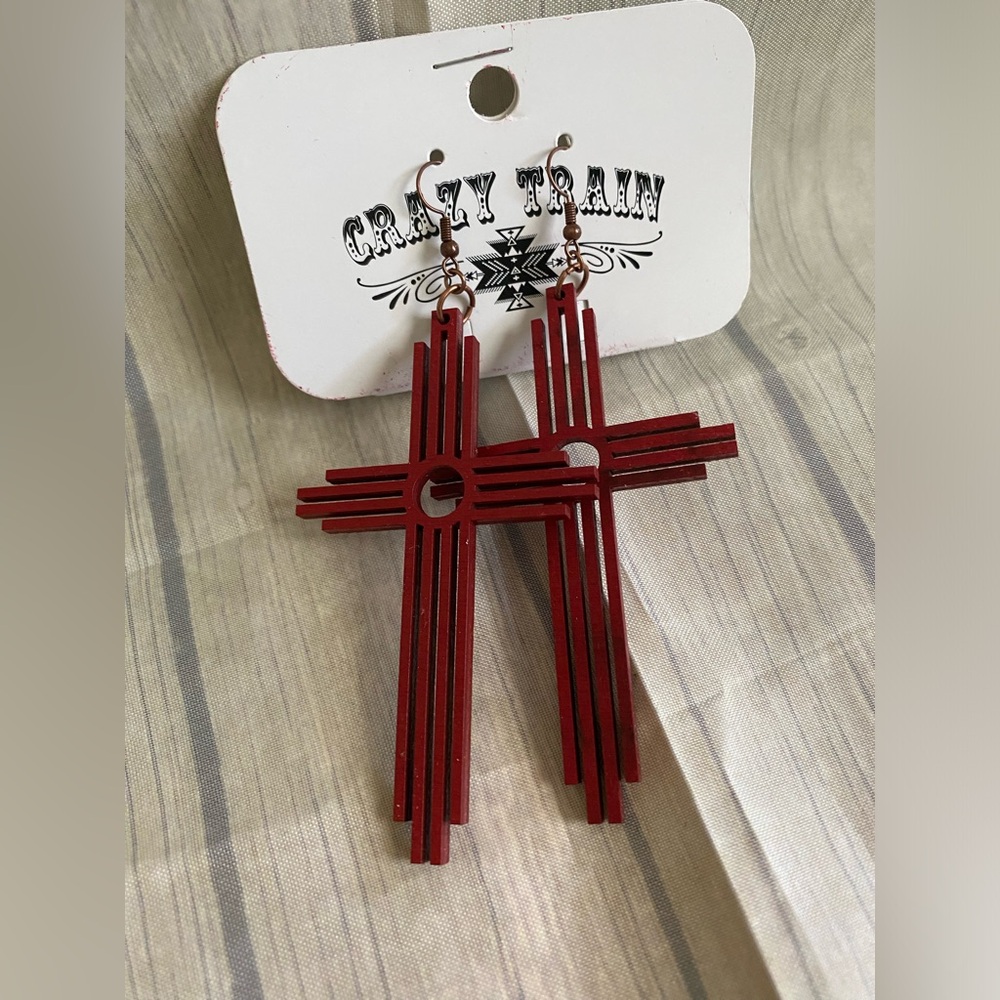 Crazy Train Red Western Rodeo Wooden 4 inch Drop Fish Hook Cross Earrings